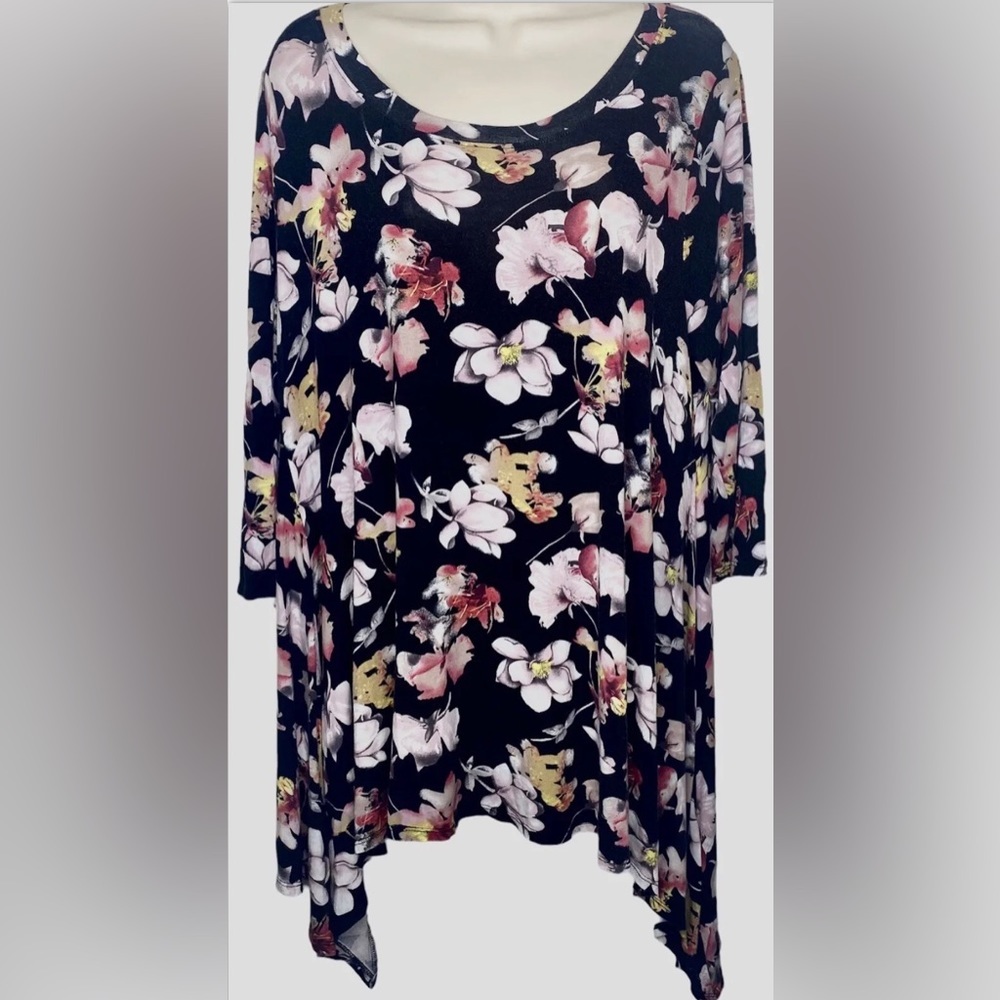 Meri Skye Asymmetrical Knit Top 1X Black Pink Scoop Neck 3/4 Sleeves Made In USA